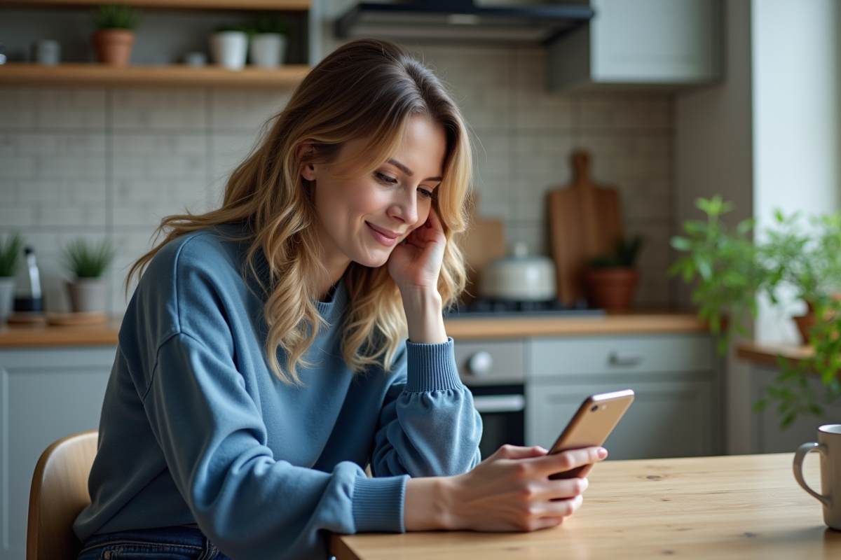 Femme assise à la cuisine avec smartphone en main