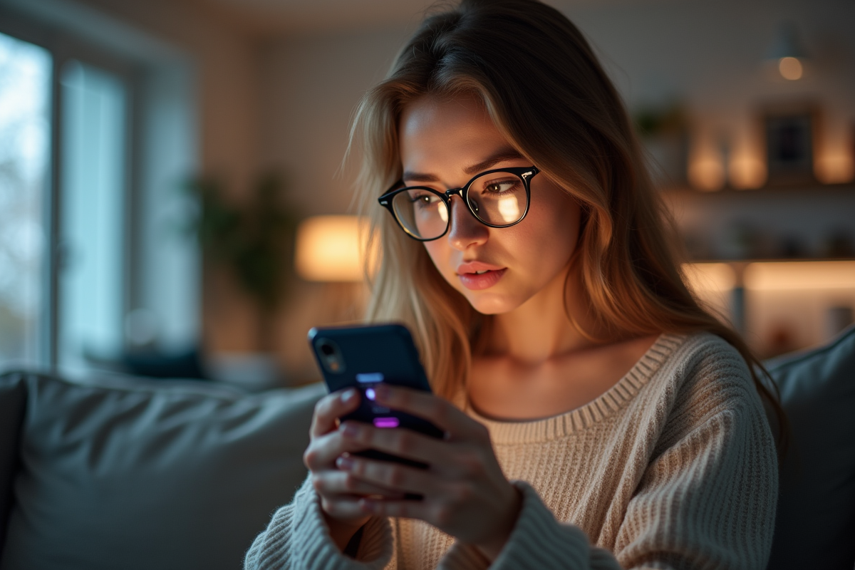 Jeune femme regardant son smartphone avec notifications Instagram