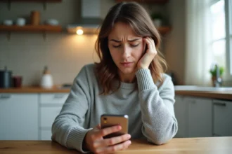 Femme inquiète regardant son smartphone avec des SMS effacés sur l'écran, assise dans une cuisine moderne