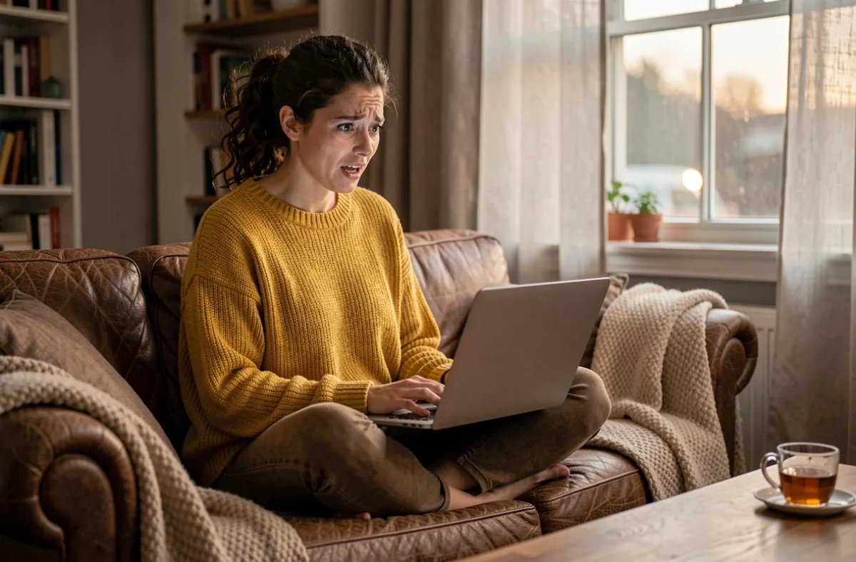 Jeune femme bouclée assise sur un canapé en cuir, regardant son ordinateur portable avec une expression stupéfaite, évoquant la progression absurde et addictive d'un jeu de simulation de trombones