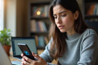 Jeune femme consultant la taille d'un téléchargement en Go et Mo sur son smartphone au bureau