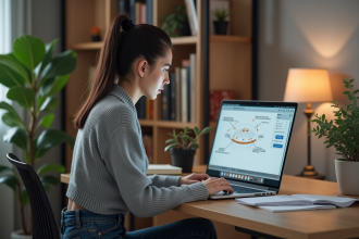 Jeune femme au bureau à domicile travaillant sur son ordinateur