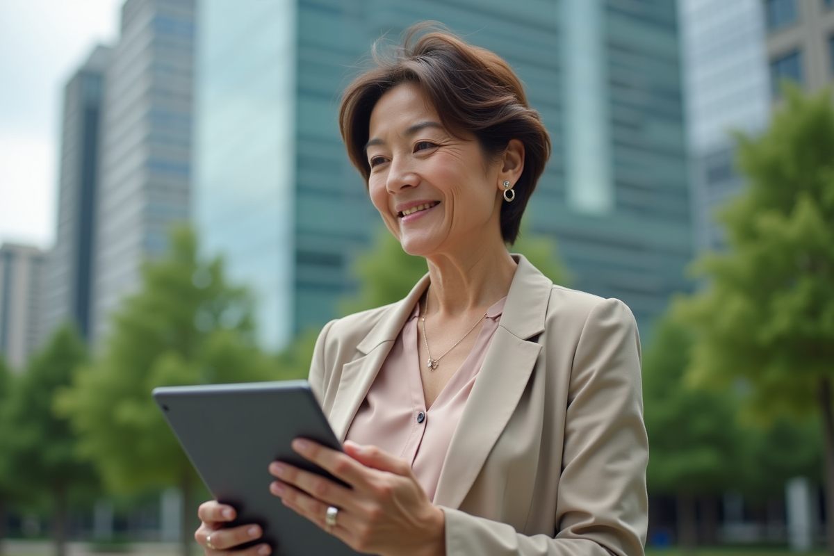 Femme d age moyenne regarde sa tablette dans un parc urbain