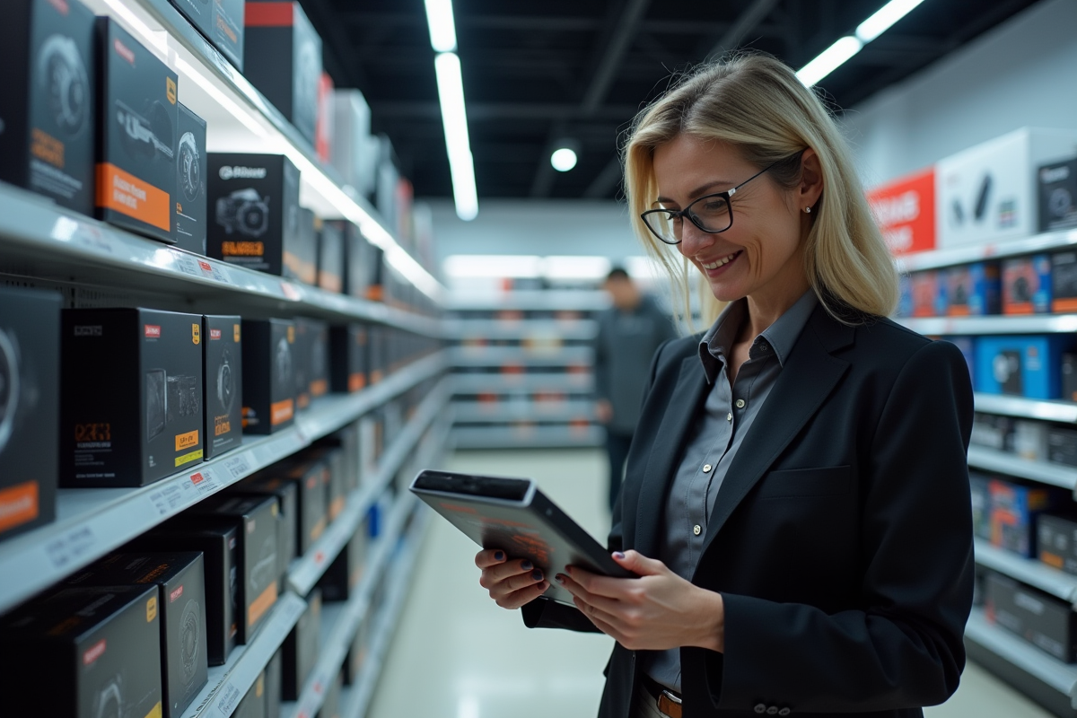 Femme examine une carte graphique dans un magasin d’électronique