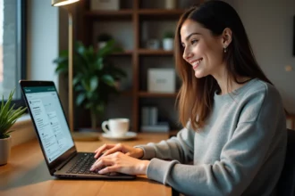 Femme utilisant WhatsApp Web sur un ordinateur portable depuis son bureau à domicile pour envoyer des messages rapidement