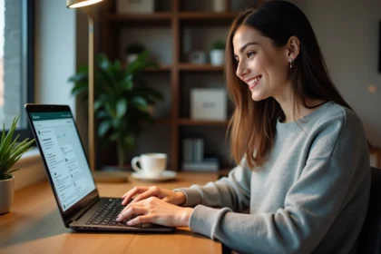 Femme utilisant WhatsApp Web sur un ordinateur portable depuis son bureau à domicile pour envoyer des messages rapidement