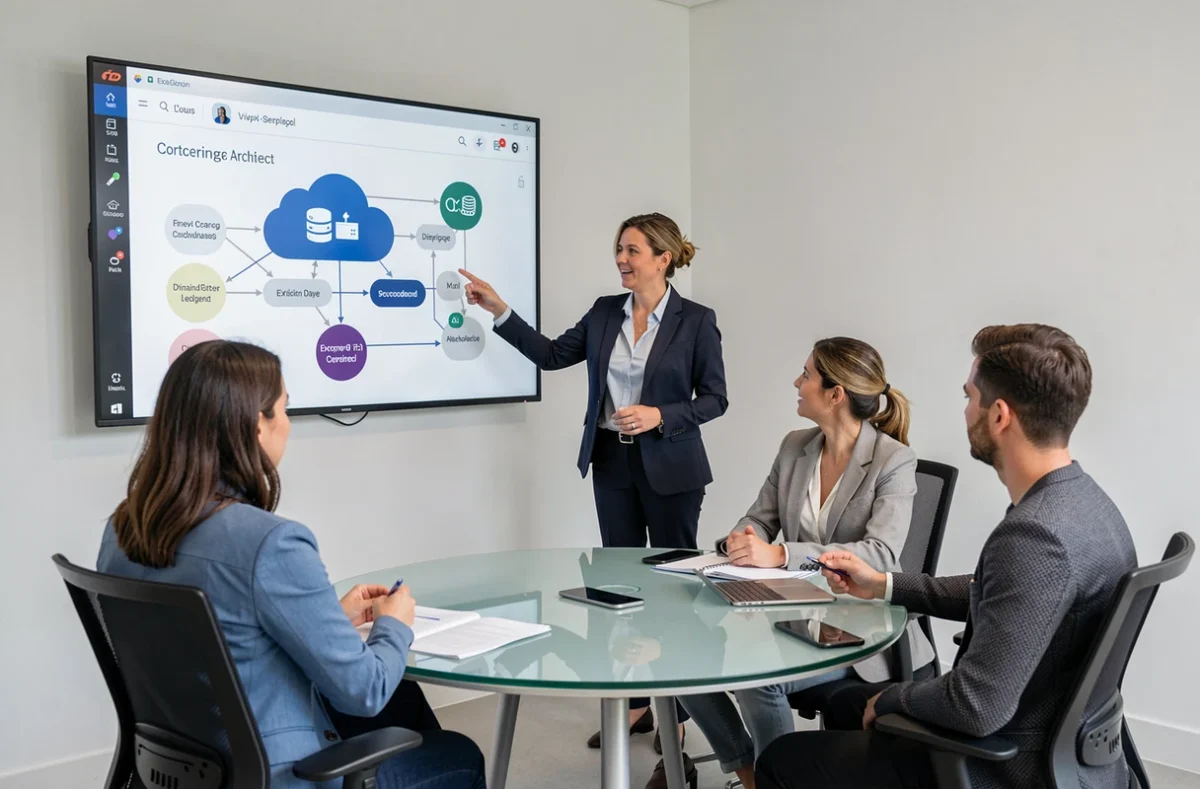 Architecte cloud de Fransys présentant des solutions de stockage sécurisé et de protection des données à une équipe dans un bureau de Lille