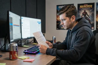 Jeune gamer frustré lisant un email de bannissement Activision sur son PC de bureau