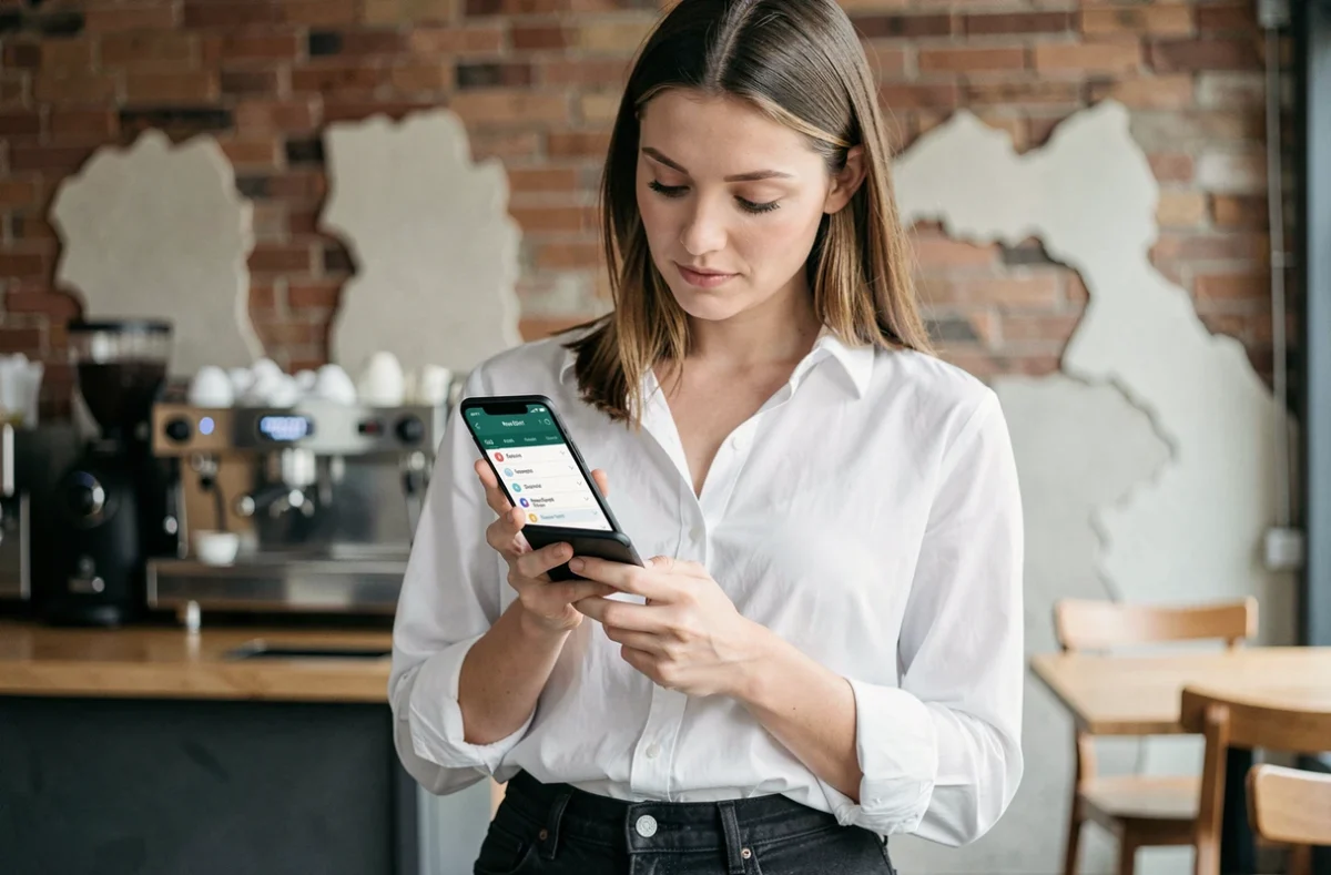 Femme utilisant un gestionnaire de presse-papier Android dans un café urbain moderne