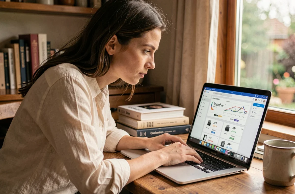 Graphiste feminine travaillant sur l'optimisation d'images JPEG et JFIF pour améliorer la performance d'un site web depuis un bureau à domicile