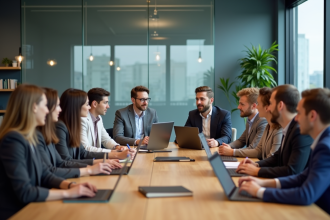 Groupe de professionnels en réunion de travail moderne