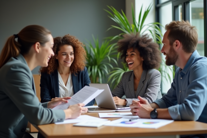 Groupe de quatre adultes en réunion dans un bureau moderne