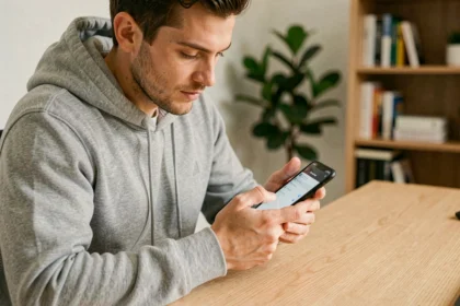 Homme consultant l'historique du presse-papier sur son smartphone Android dans un bureau à domicile moderne