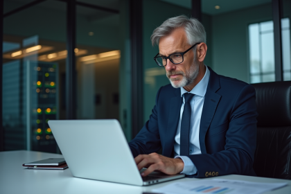 Homme d'affaires en costume bleu examinant un rapport de cybersécurité