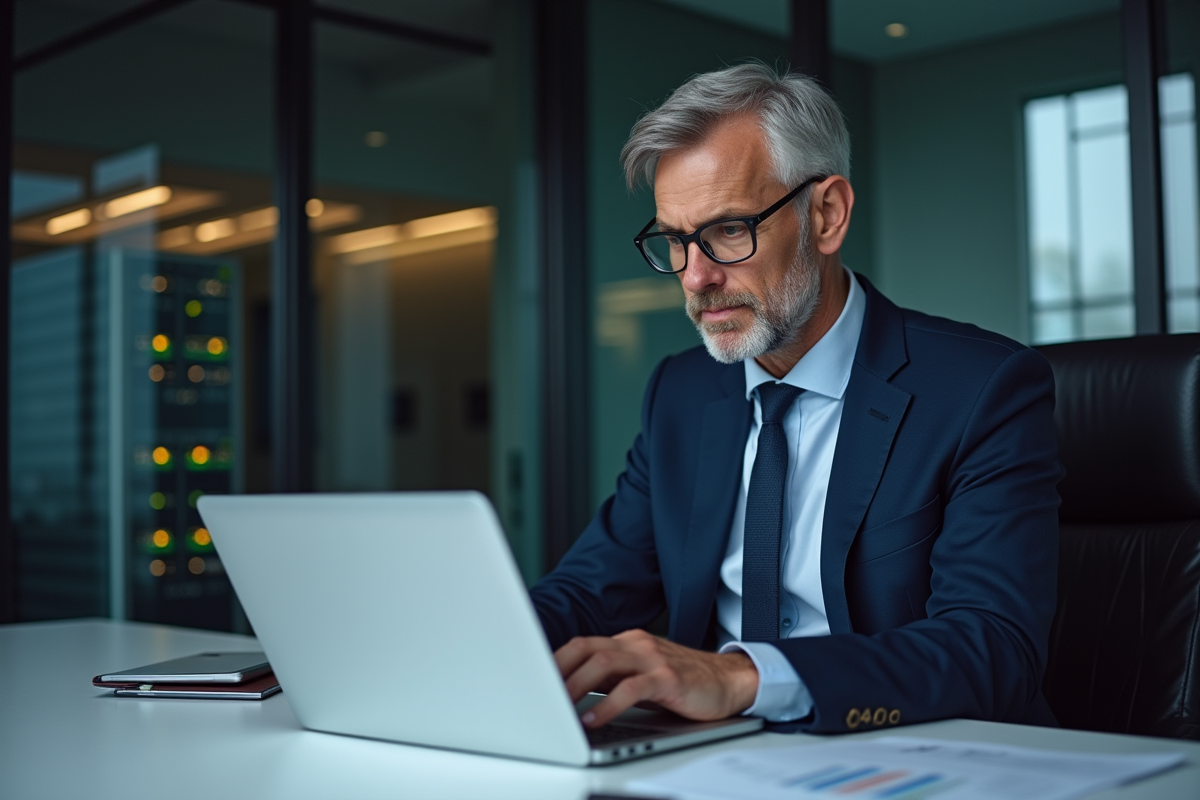 Homme d'affaires en costume bleu examinant un rapport de cybersécurité