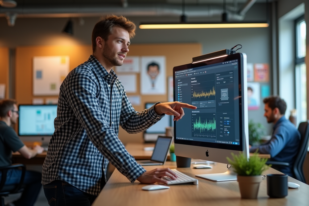 Homme expliquant des statistiques de podcast sur un grand écran