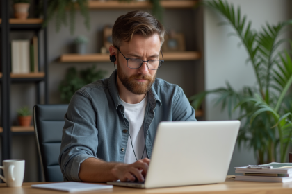 Homme en tenue décontractée travaillant sur son ordinateur dans un bureau à domicile