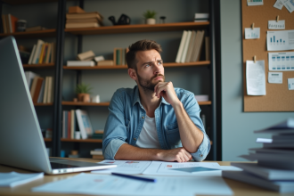 Homme pensif au bureau avec papiers et graphiques SEO