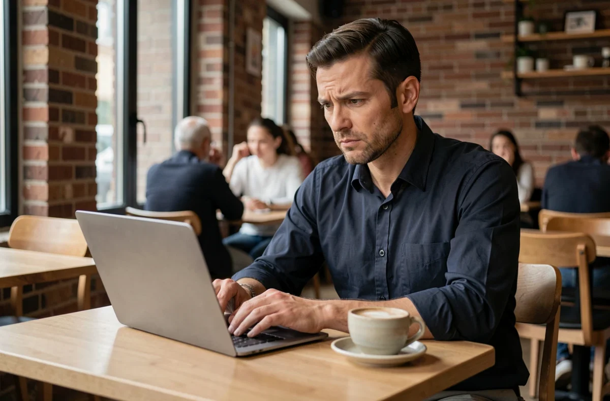 Homme dans un café urbain utilisant Claude AI sur son ordinateur avec une expression sceptique et concentrée