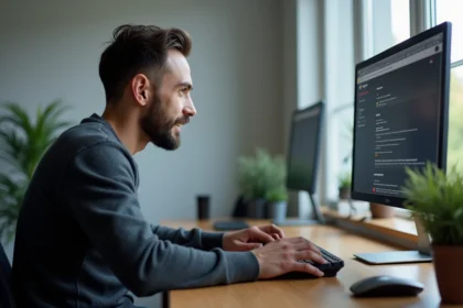 Homme utilisant Chrome flags sur un ordinateur de bureau dans un bureau moderne et épuré