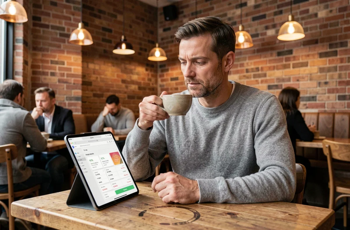 Homme comparant les prix des abonnements IA dans un café avec une tablette affichant des tarifs ChatGPT