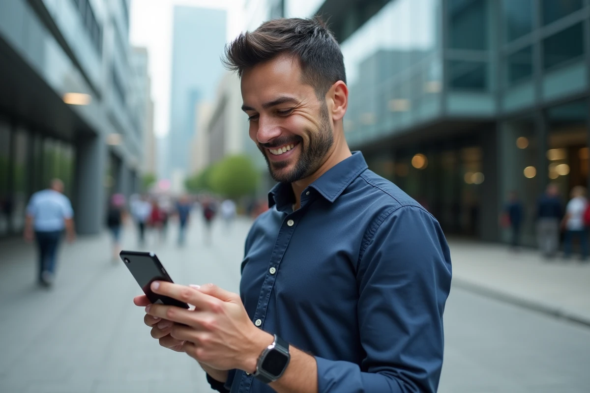 Homme consultant son compte RED&Moi en extérieur dans une ville connectée avec forfait 5G