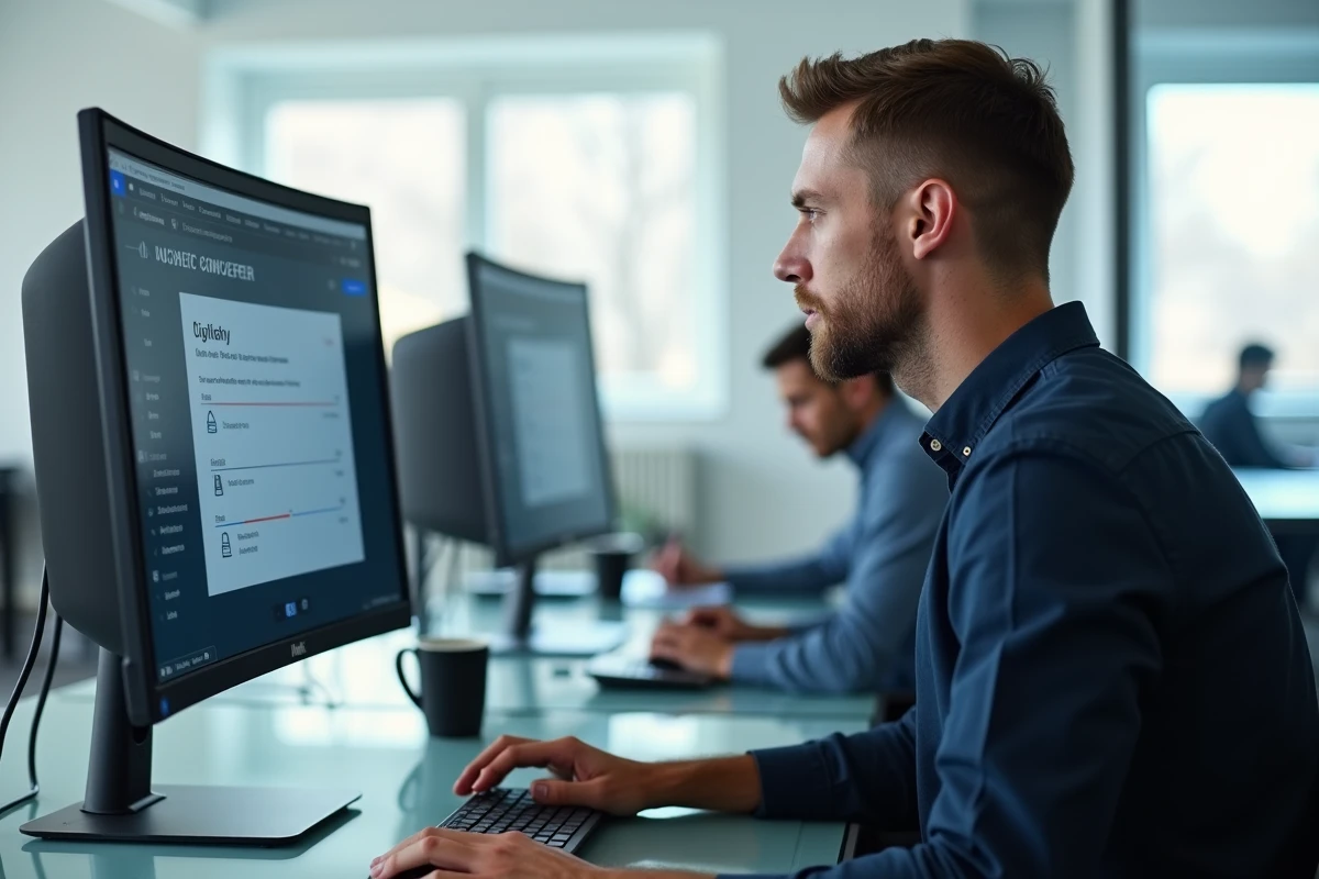Homme en bureau comparant des conversions Go en Mo sur un écran d'ordinateur