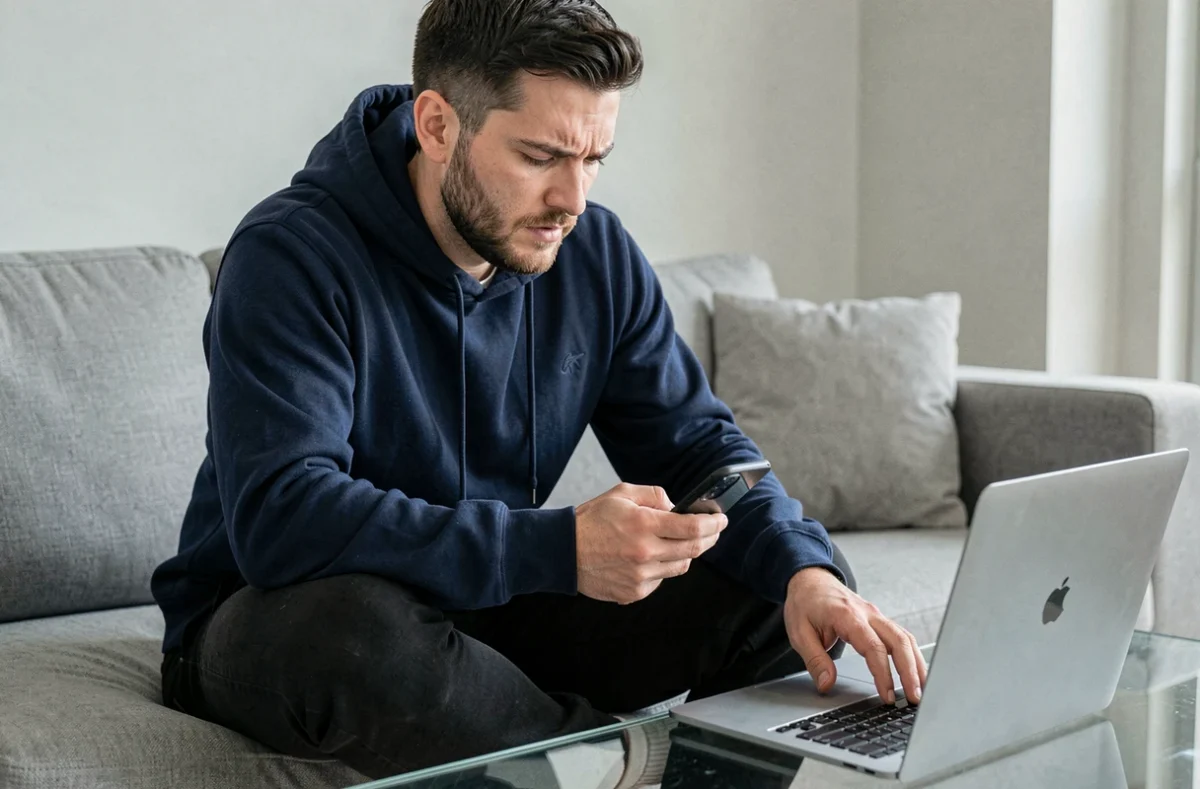 Homme essayant de résoudre un problème de presse-papier sur son téléphone Android avec un ordinateur portable