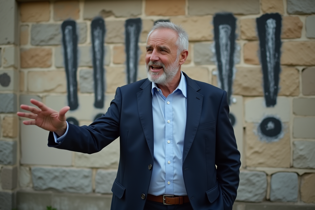 Homme français en discussion devant un mur de pierre avec des points d