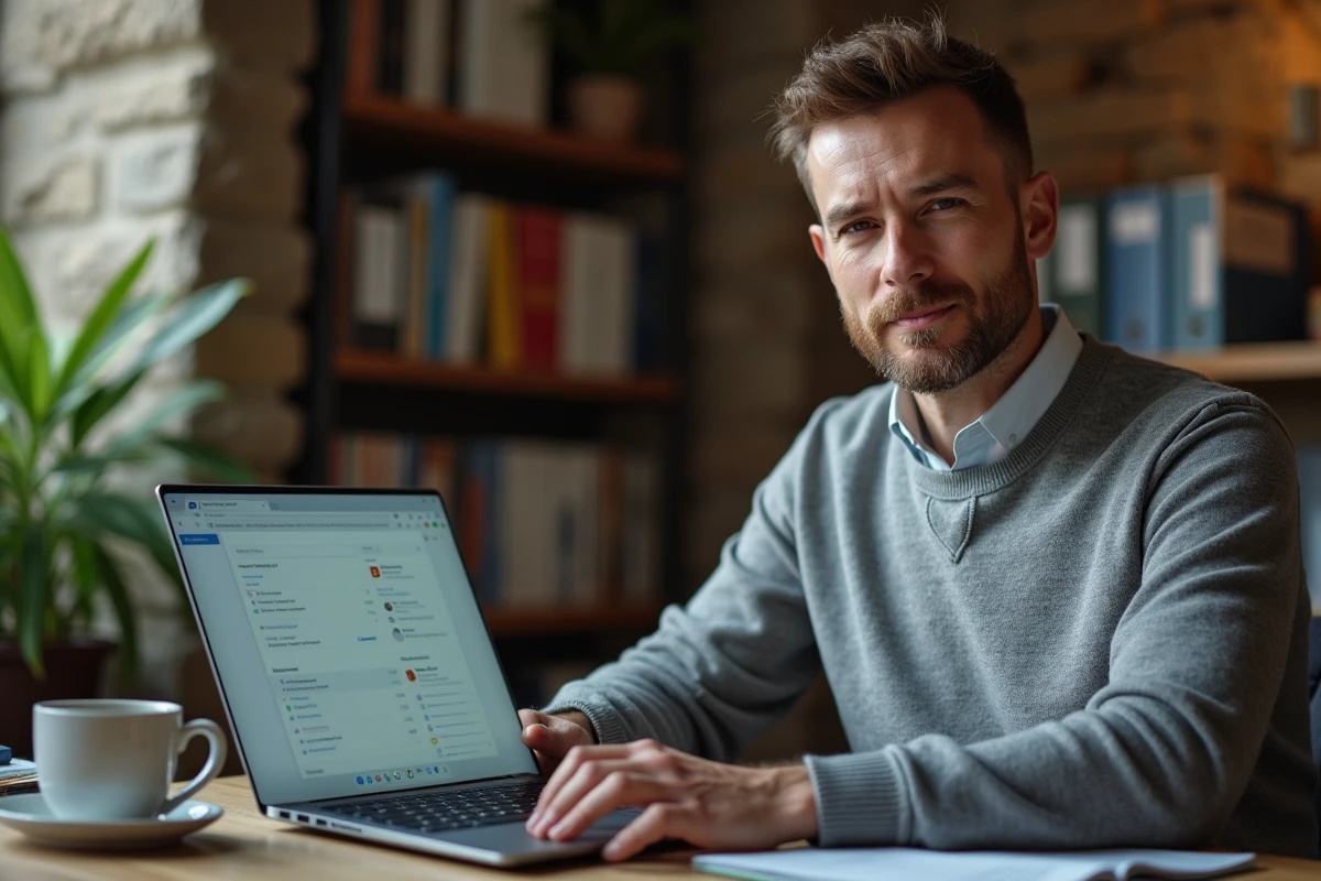 Homme récupérant ses archives de messagerie sur un webmail convergé dans un appartement bordelais rénové