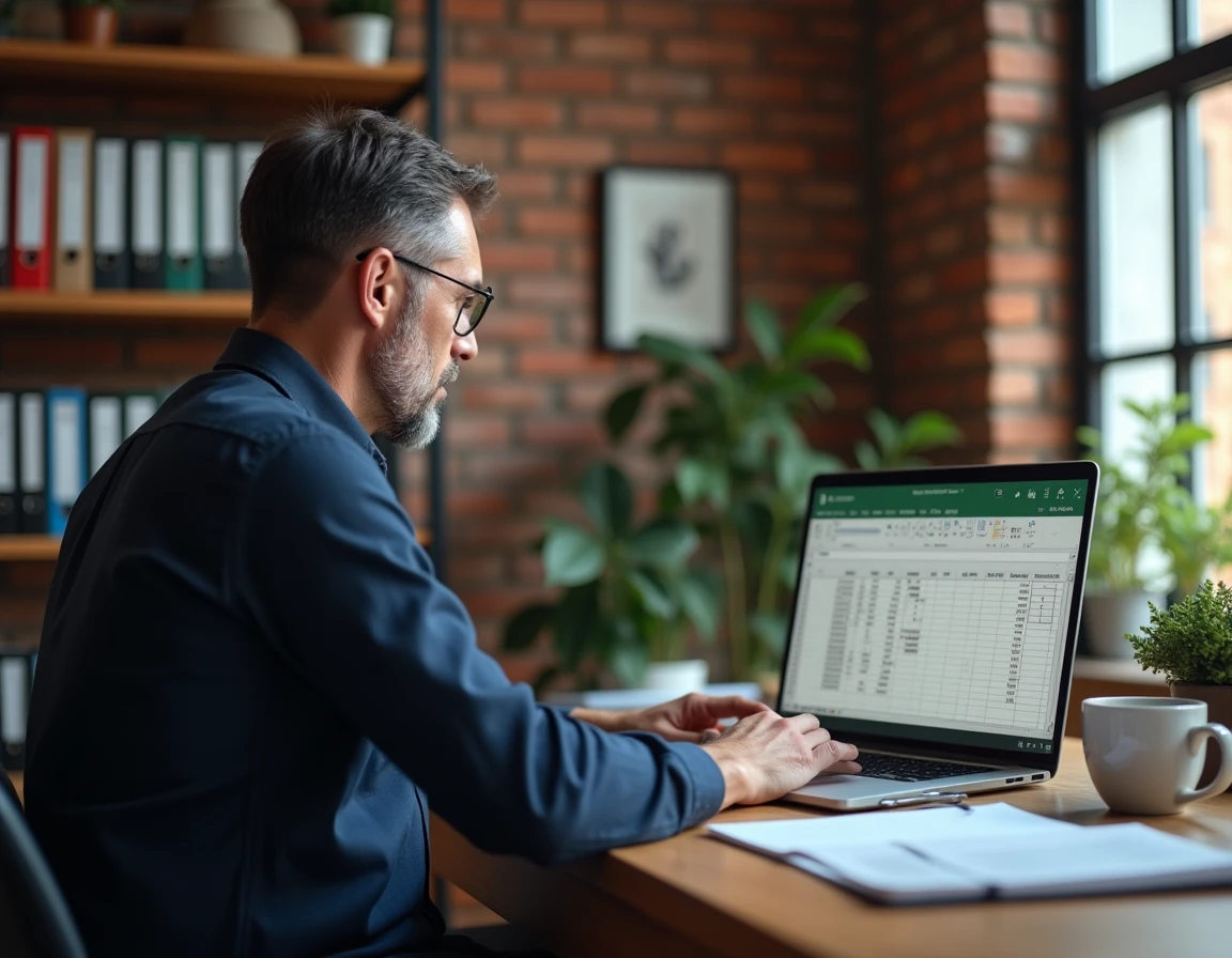 Homme travaillant sur Excel depuis un bureau à domicile pour transposer des lignes en colonnes