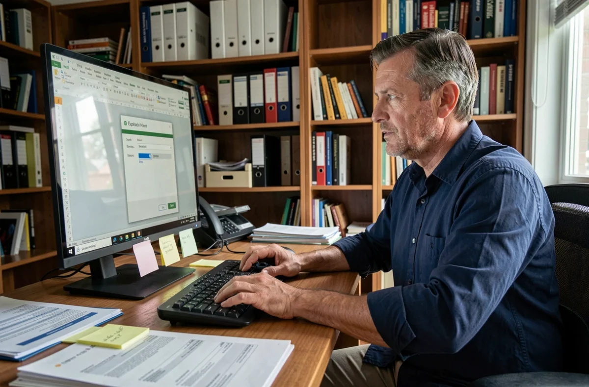 Homme convertissant un fichier Excel en PDF depuis son bureau à domicile avec plusieurs documents imprimés