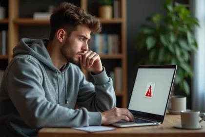 Homme frustré devant un écran d'ordinateur affichant une erreur de téléchargement vidéo