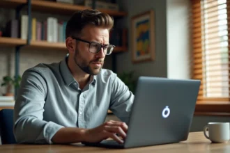 Homme frustré devant un ordinateur portable affichant un écran de chargement lent, symbolisant un problème d'accès au webmail