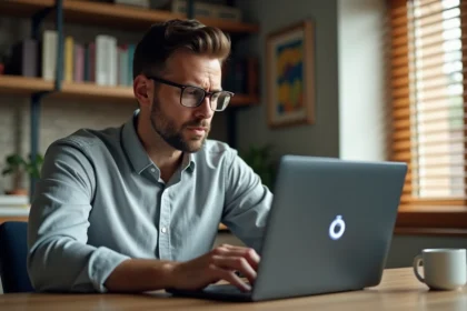 Homme frustré devant un ordinateur portable affichant un écran de chargement lent, symbolisant un problème d'accès au webmail