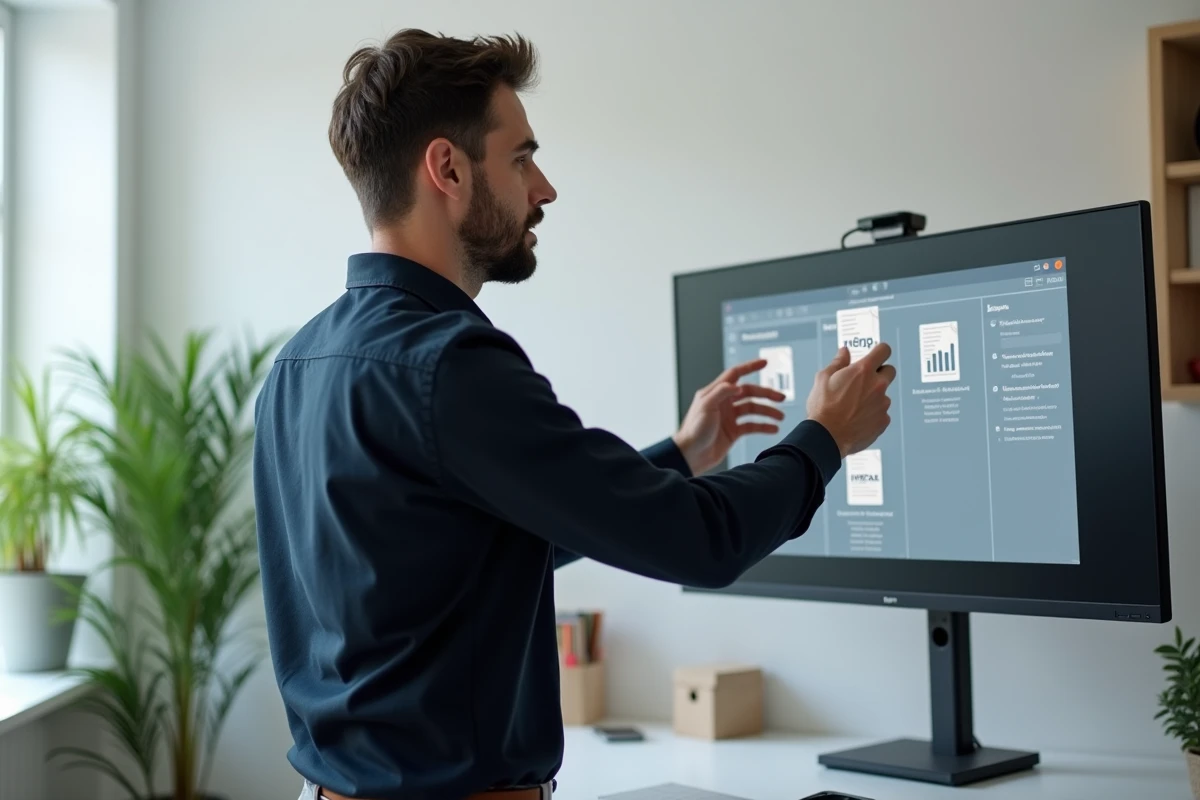 Homme gérant des fichiers PDF, Word et images sur un grand écran dans un bureau minimaliste