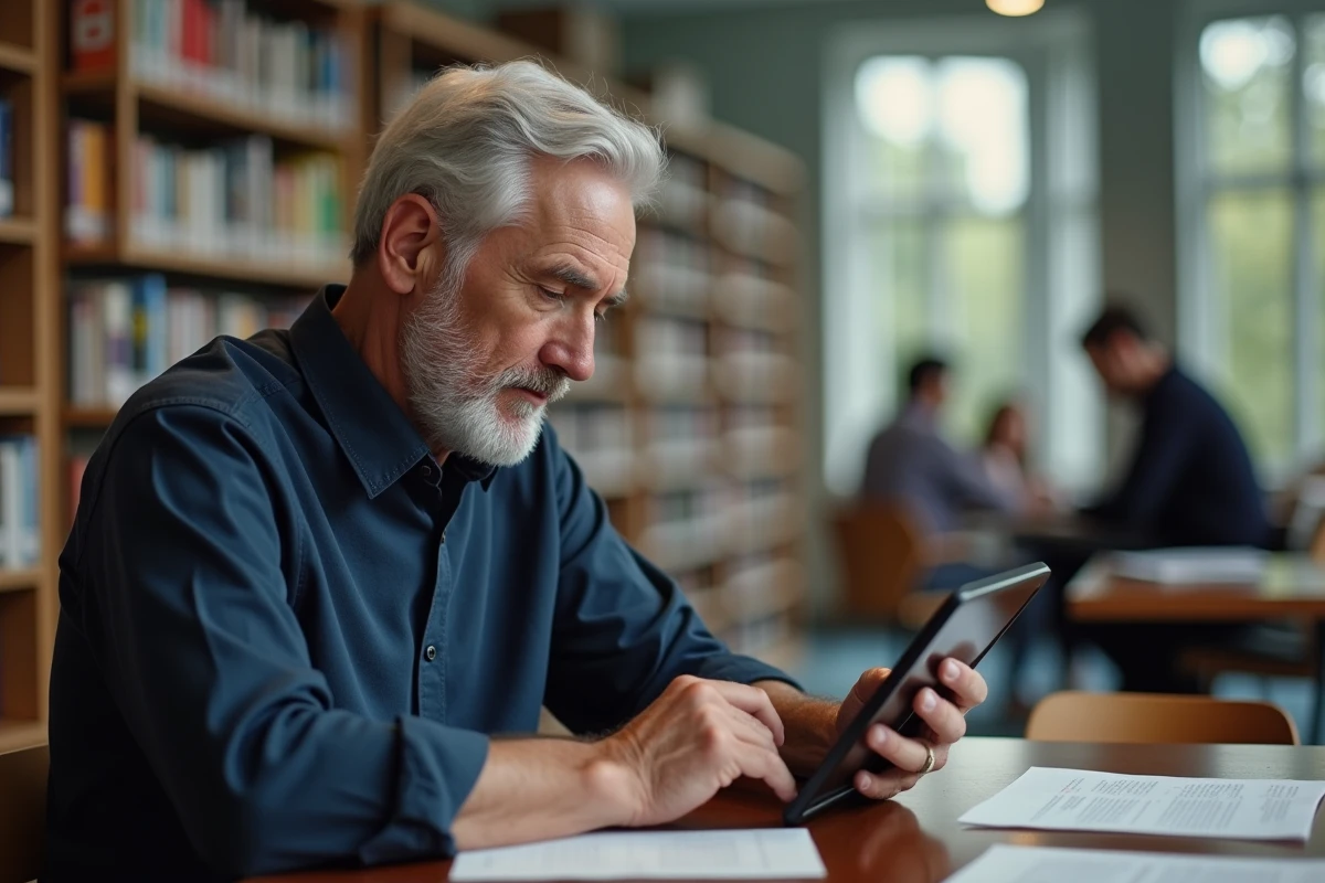 Homme âgé avec tablette dans une bibliothèque calme