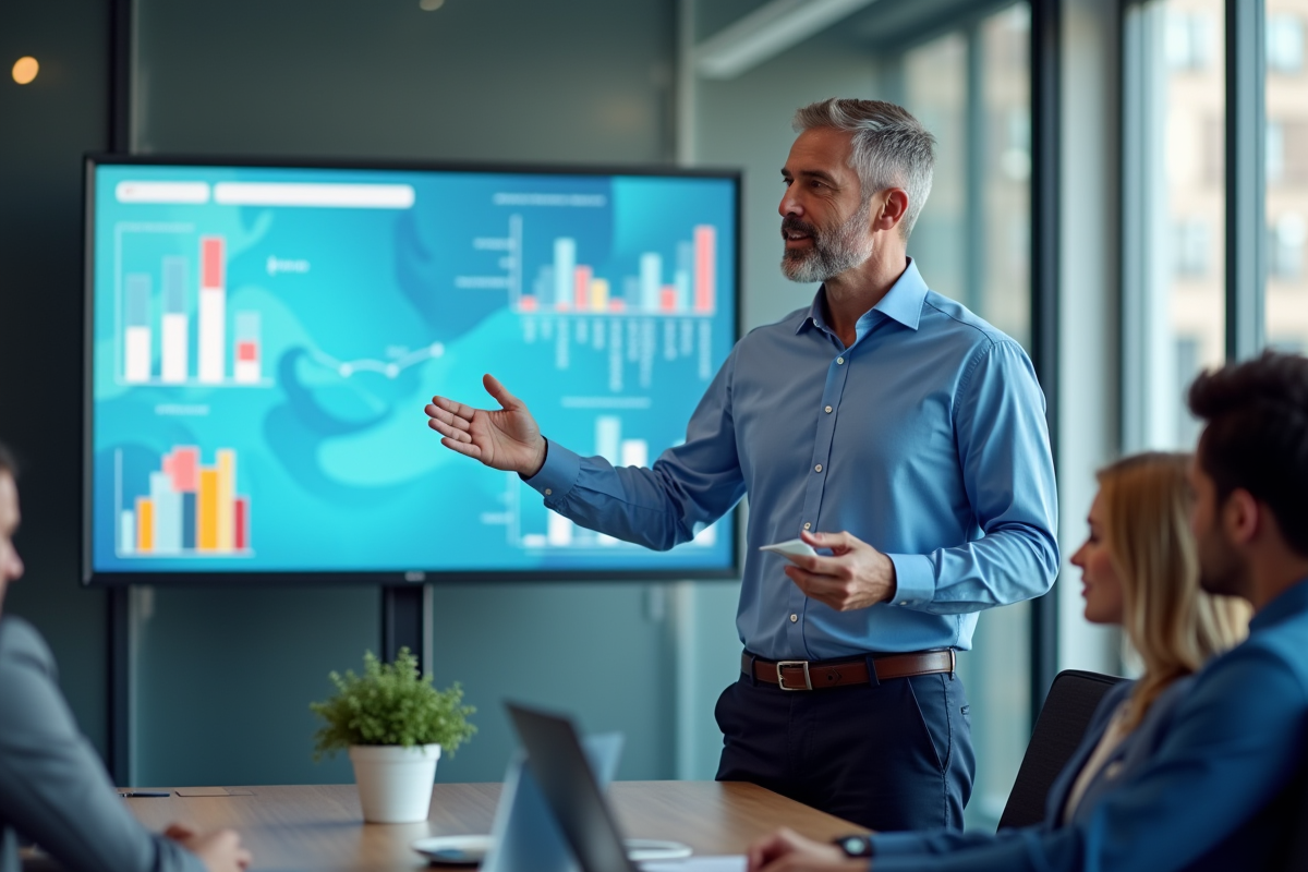 Homme en réunion professionnelle présentant un diaporama