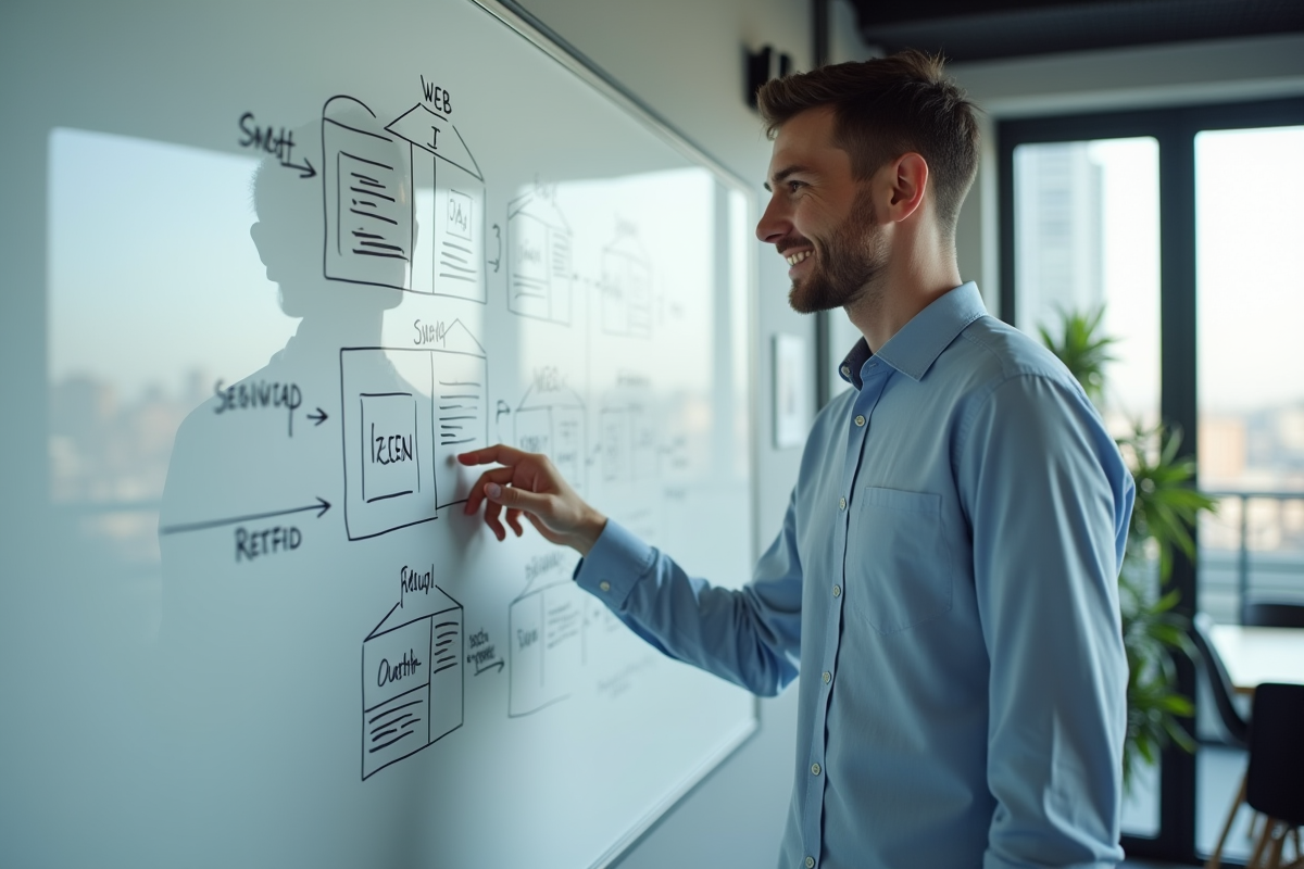 Jeune homme expliquant un schéma SEO devant un tableau blanc