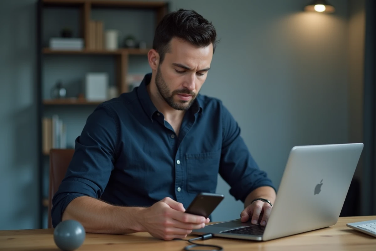 Homme connectant son smartphone à un ordinateur portable pour récupérer des SMS supprimés dans un bureau à domicile