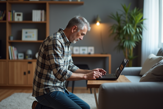Homme examinant l'étiquette de sécurité du routeur à la maison