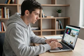 Jeune homme testant l'animation barrel roll sur un navigateur web depuis son bureau à domicile