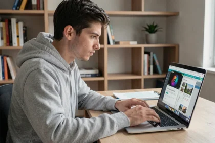 Jeune homme testant l'animation barrel roll sur un navigateur web depuis son bureau à domicile