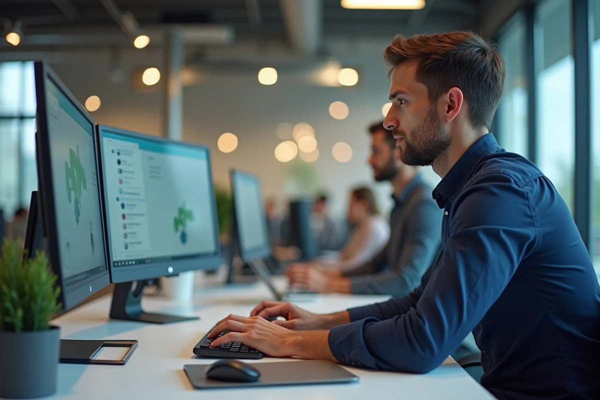 Homme tapant des messages sur WhatsApp Web depuis son poste de travail en open space pour gagner du temps