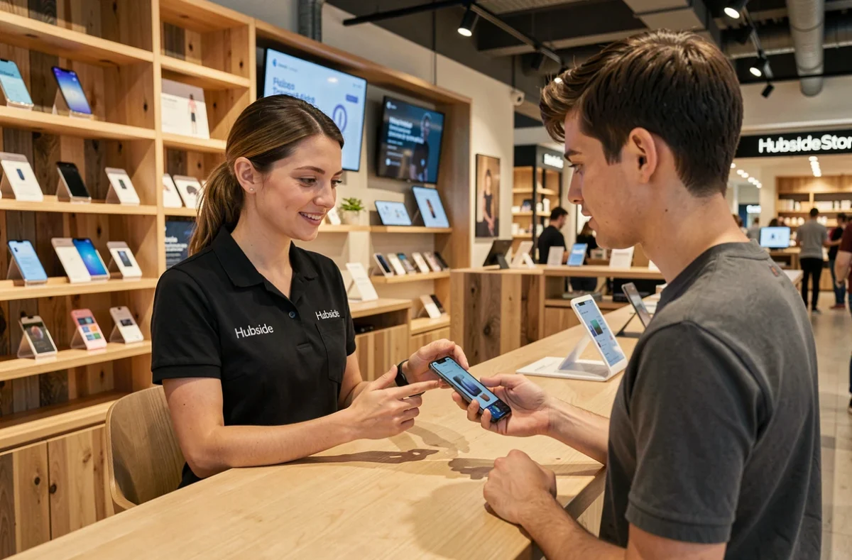 Conseillère Hubside.Store présentant un smartphone réparé à un client dans un espace retail moderne