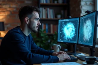 Ingénieur informatique analysant des erreurs d'artefacts dans un rendu Neural Radiance Fields sur double écran