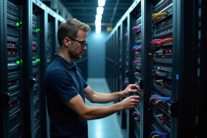 Ingénieur réseau configurant un switch administrable dans une salle serveurs pour segmenter des VLANs et sécuriser le réseau informatique d'entreprise