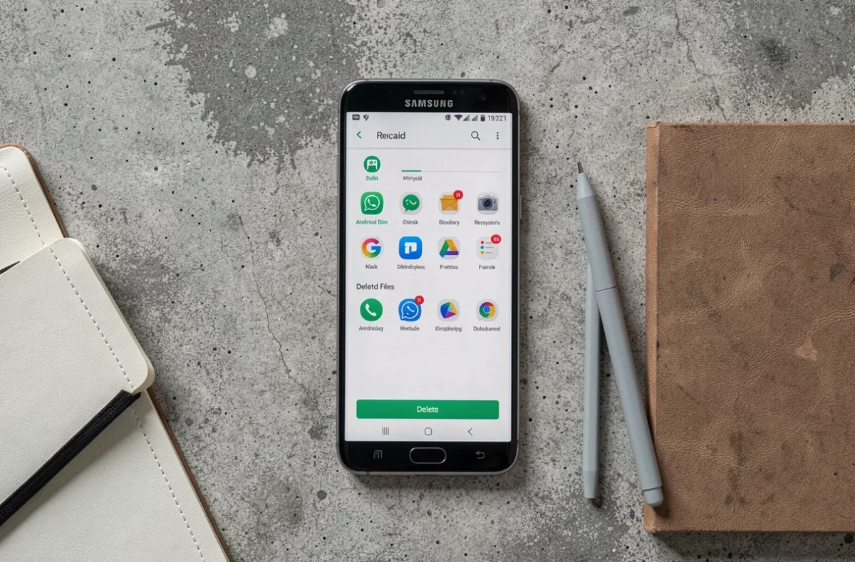 Vue de dessus d'un smartphone Samsung affichant l'interface de la corbeille Android posé sur une surface en béton avec un carnet
