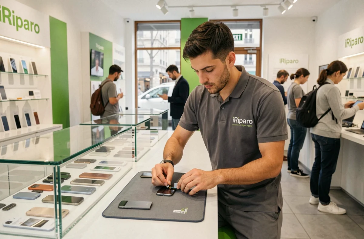 Technicien iRiparo remplaçant une batterie de smartphone dans une boutique au design épuré