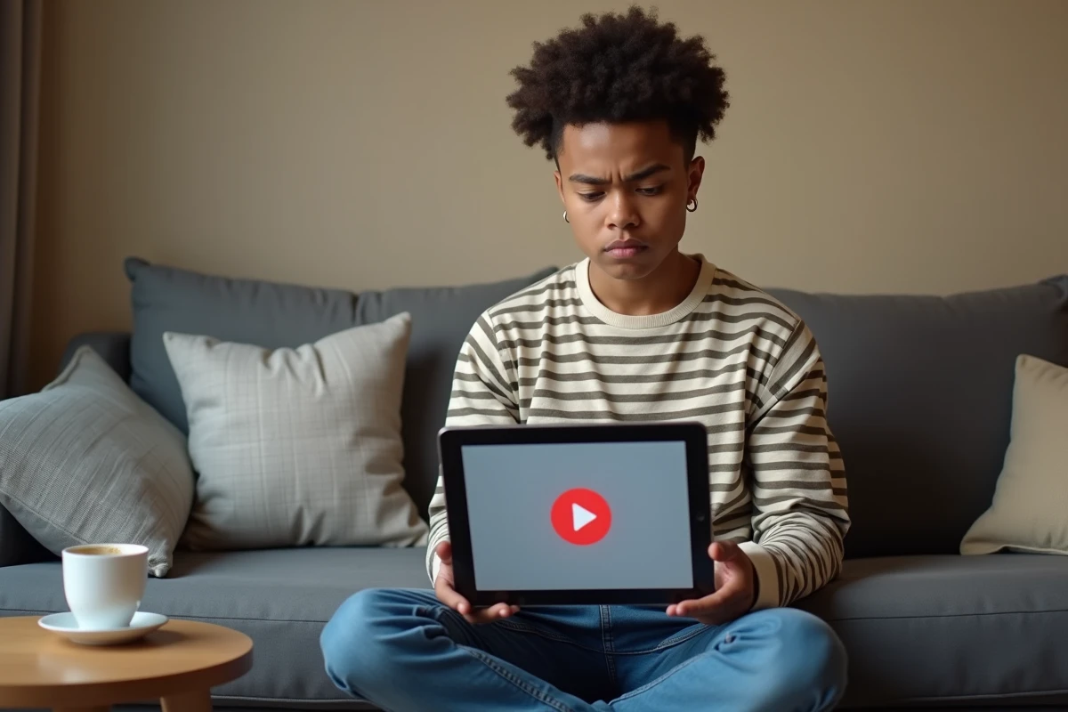 Jeune adulte sur un canapé face à une erreur d'application de téléchargement vidéo sur tablette